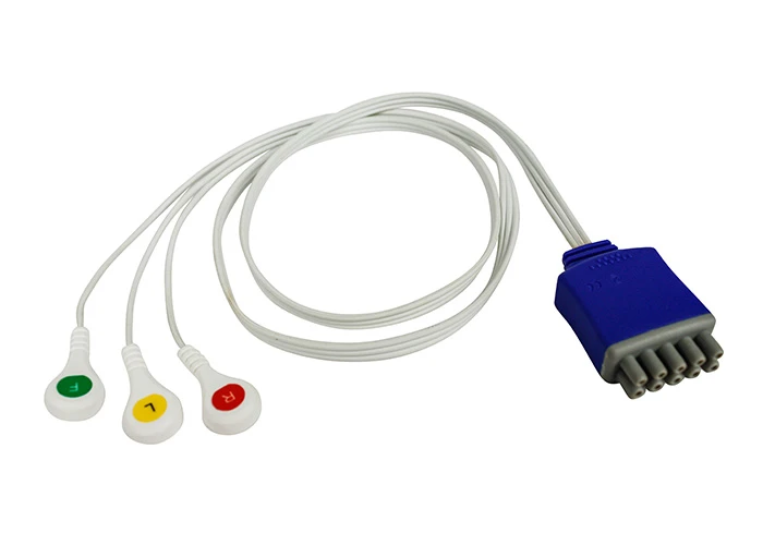 Dräger compatible direct-connect ECG patient cable 3-lead with press studs 0.9m (Disposable)